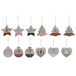 Dekoráció szett, akasztós fenyőfa, csillag, szív 23x1,5x9 cm 4 féle S/6