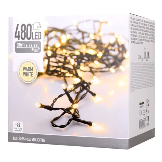 Fényfüzér adapterrel, 8 programmal, 480 LED-es, kültéri-beltéri 36 m