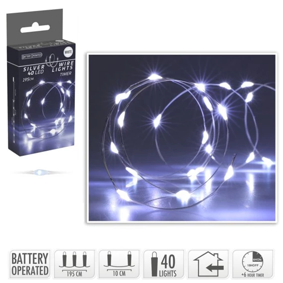 Fényfüzér elemes, időzítővel, 40 LED-es, beltéri 1,95 m