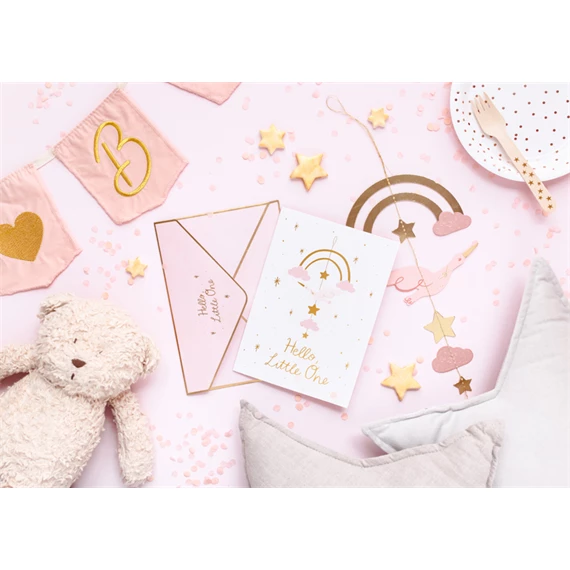 Kártya függő dekoráció gólya világos rózsaszín 14x20 cm