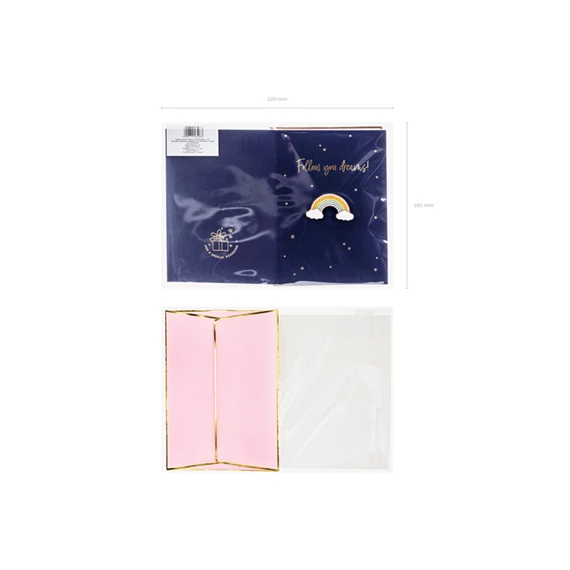 Kártya szivárvány alakú zománc kitűzővel, 10,5x14,8 cm