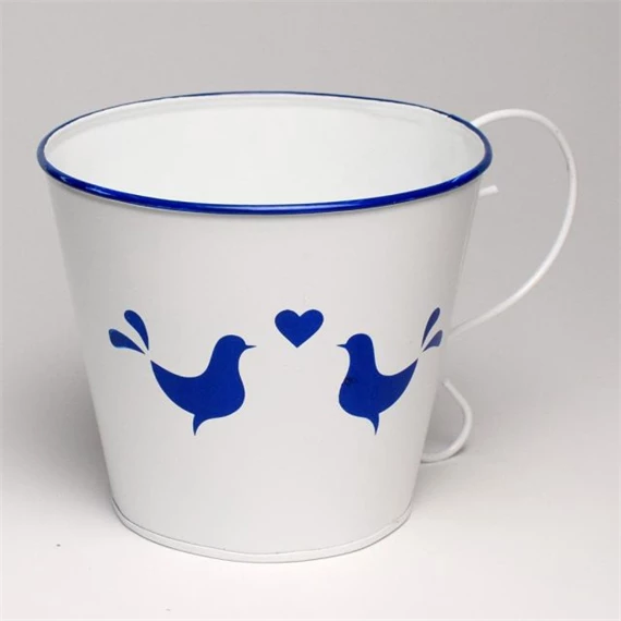 Kaspó füllel, zománcos, madár mintával 13x15 cm