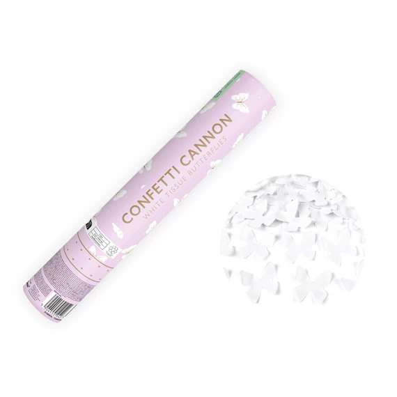 Konfetti ágyú pillangókkal fehér 28 cm