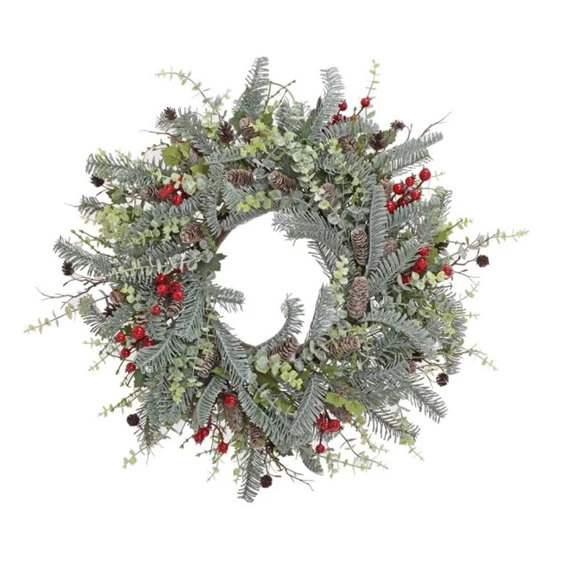 Koszorú fenyővel, tobozzal, bogyóval, eukaliptusszal 55 cm