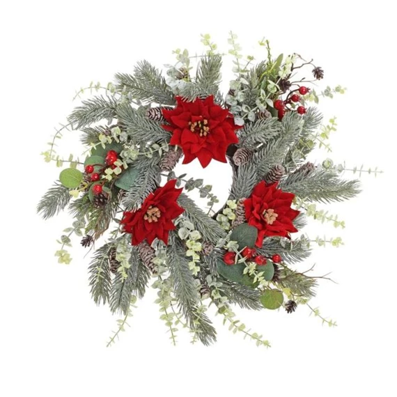 Koszorú fenyővel, tobozzal, mikulásvirággal, eukaliptusszal 60 cm