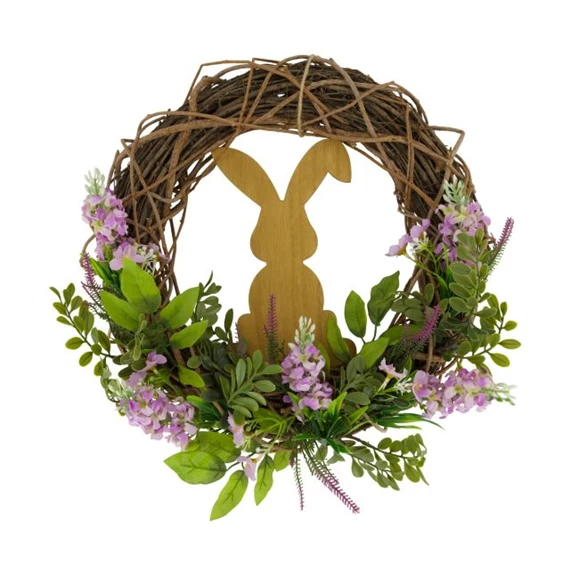 Koszorú vessző nyúllal, virággal 38x38x8 cm