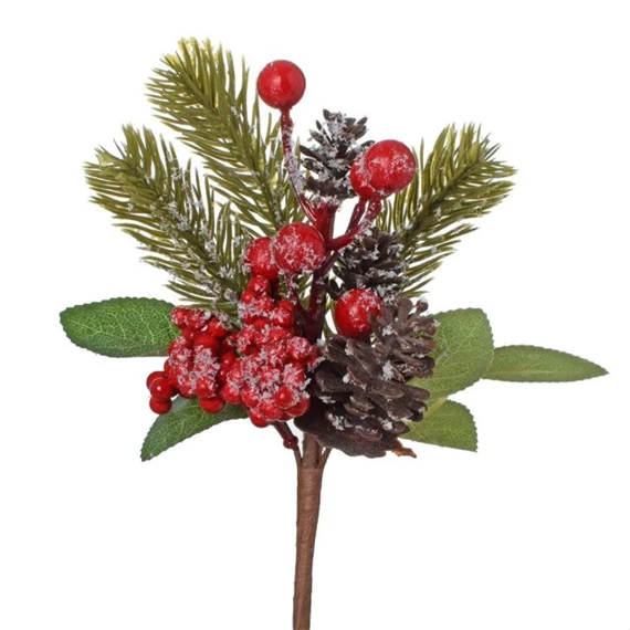 Selyemvirág ág fenyővel, bogyóval, tobozzal, deres, betűzős 20 cm