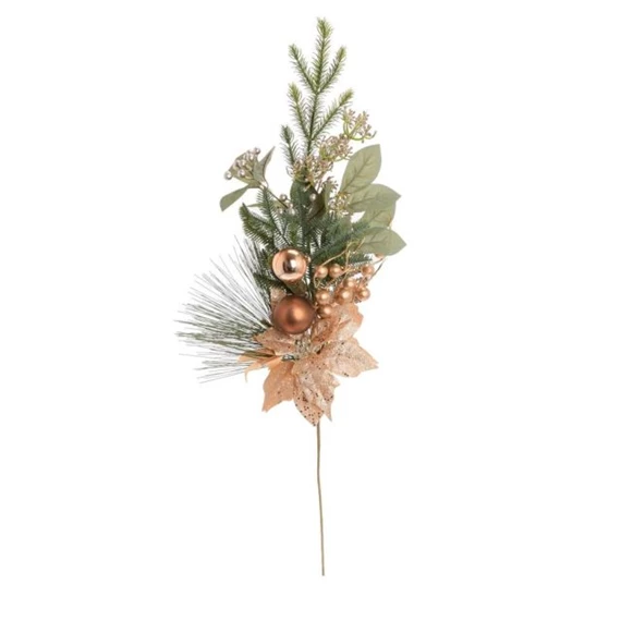 Selyemvirág ág fenyővel, mikulásvirággal, gömbökkel, glitteres 86 cm