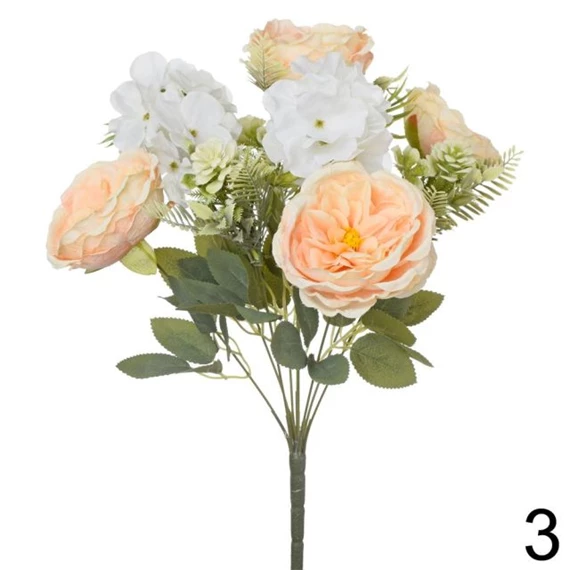 Selyemvirág rózsacsokor hortenziával 44 cm 3 féle